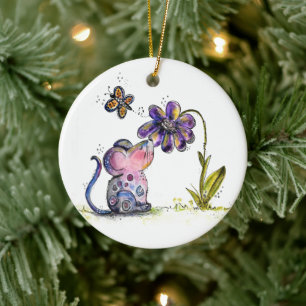 Cute Whimsical Mouse and Flower Ceramic Ornament