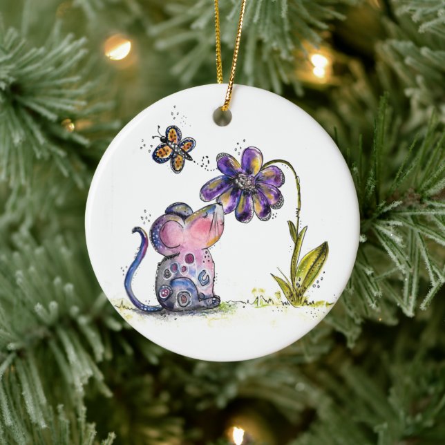 Cute Whimsical Mouse and Flower Ceramic Ornament (Tree)
