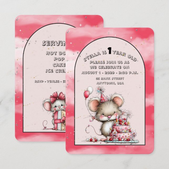 Cute Whimsical Mouse Girl First Birthday Invite (Front/Back)