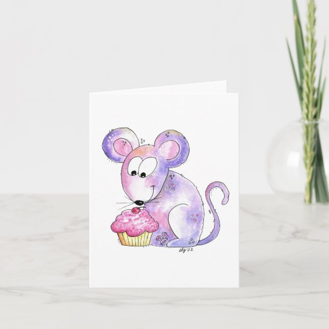 Cute Whimsical Mouse with a Cupcake Card (Front)