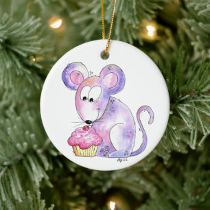 Cute Whimsical Mouse with a Cupcake Ceramic Ornament