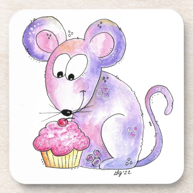 Cute Whimsical Mouse with a Cupcake Coaster (Front)