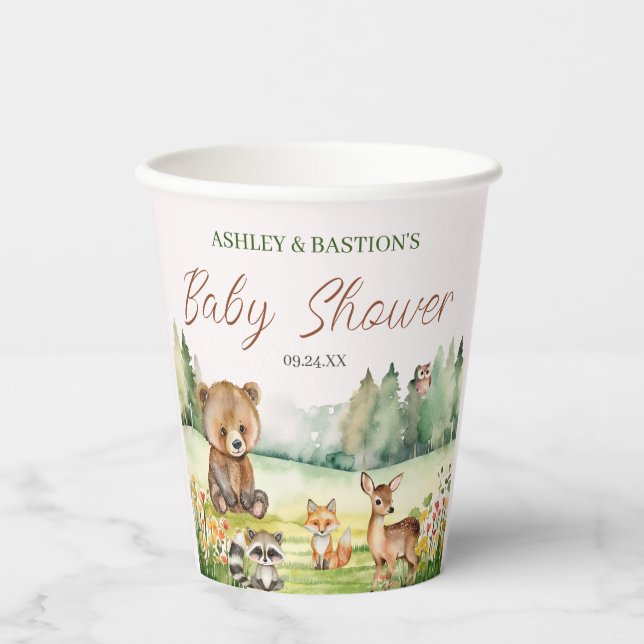Cute Whimsical Neutral Woodland Animal Baby Shower Paper Cups (Front)