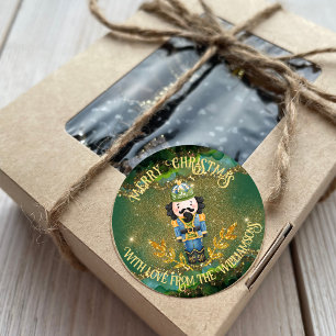 Cute Whimsical Nutcracker Faux Gold Glitter Green Classic Round Sticker