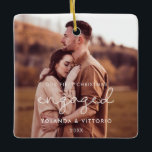 Cute whimsical Our First Christmas engaged photo Ceramic Ornament<br><div class="desc">A modern typography for this photo ornaments collection for newly engaged couples. To customize with your favourite picture. You can also easily change the colour of the font to your liking.</div>