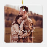 Cute whimsical Our First Christmas engaged photo Ceramic Ornament<br><div class="desc">A modern typography for this photo ornaments collection for newly engaged couples. To customize with your favourite picture. You can also easily change the colour of the font to your liking.</div>
