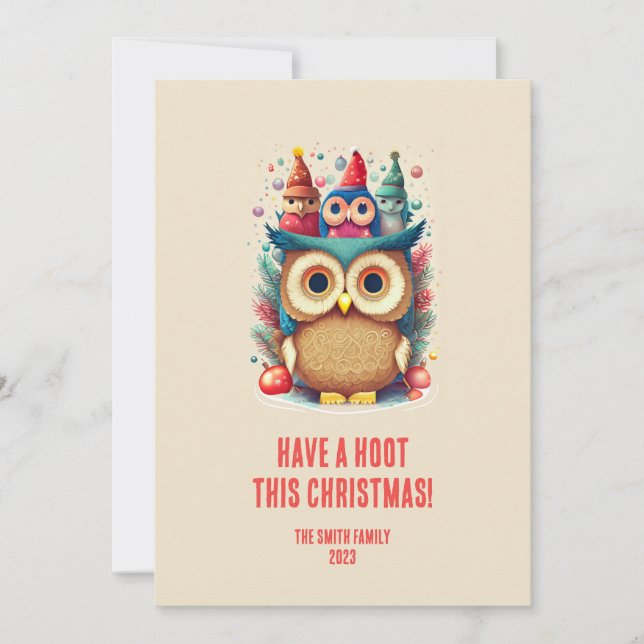 Cute Whimsical Owl Family Christmas Card (Front)