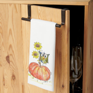 Cute Whimsical Owl on Pumpkin Kitchen Towel