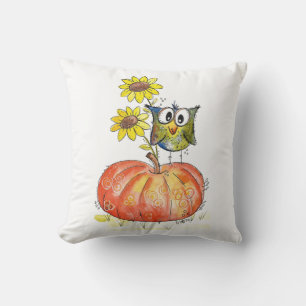 Cute Whimsical Owl on Pumpkin Throw Pillow
