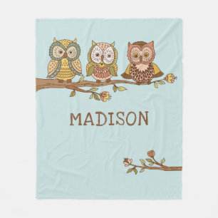 Cute Whimsical Owls Modern Girly Personalized Name Fleece Blanket