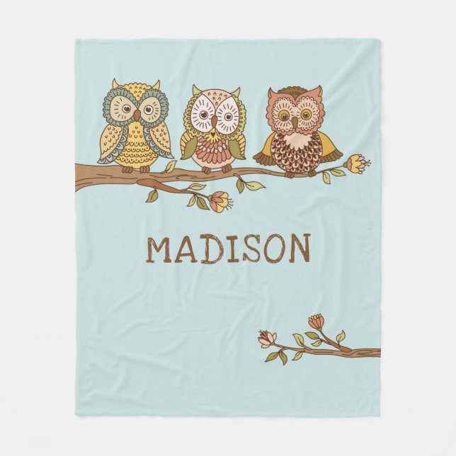 Cute Whimsical Owls Modern Girly Personalized Name Fleece Blanket (Front)