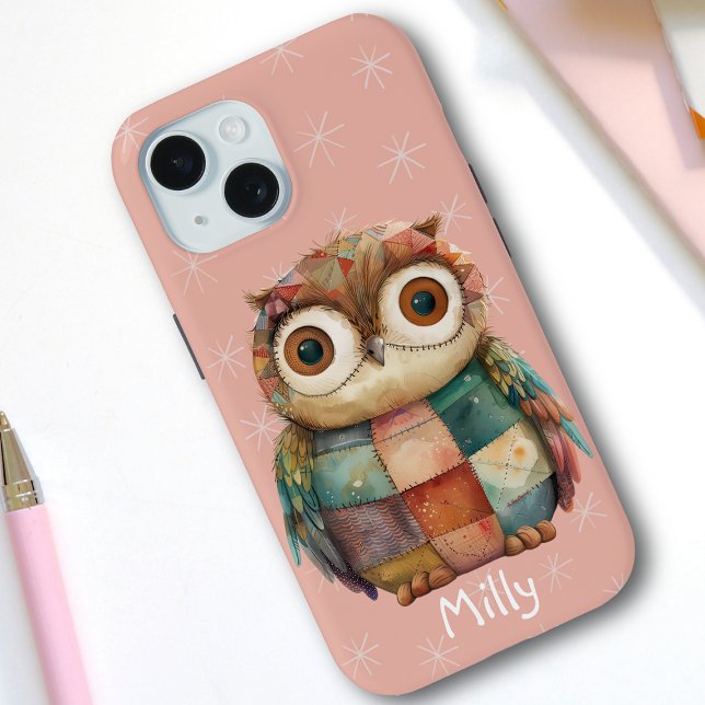 Cute Whimsical Pastel Patchwork Owl Custom Name  iPhone 15 Case (Creator Uploaded)