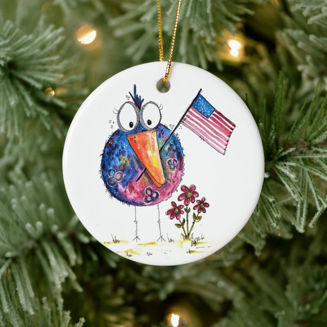 Cute Whimsical Patriotic Bird with Flag Ceramic Ornament (Tree)