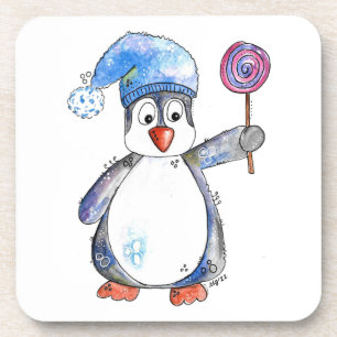Cute Whimsical Penguin with a Lollipop Coaster
