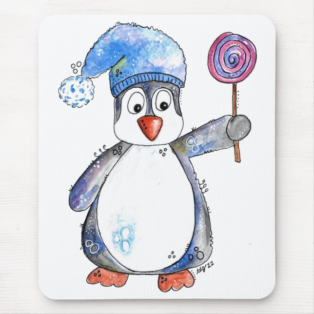 Cute Whimsical Penguin with a Lollipop Mouse Pad (Front)
