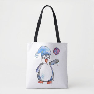 Cute Whimsical Penguin with a Lollipop Tote Bag