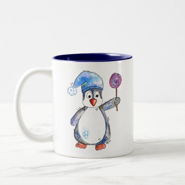 Cute Whimsical Penguin with a Lollipop Two-Tone Coffee Mug (Left)