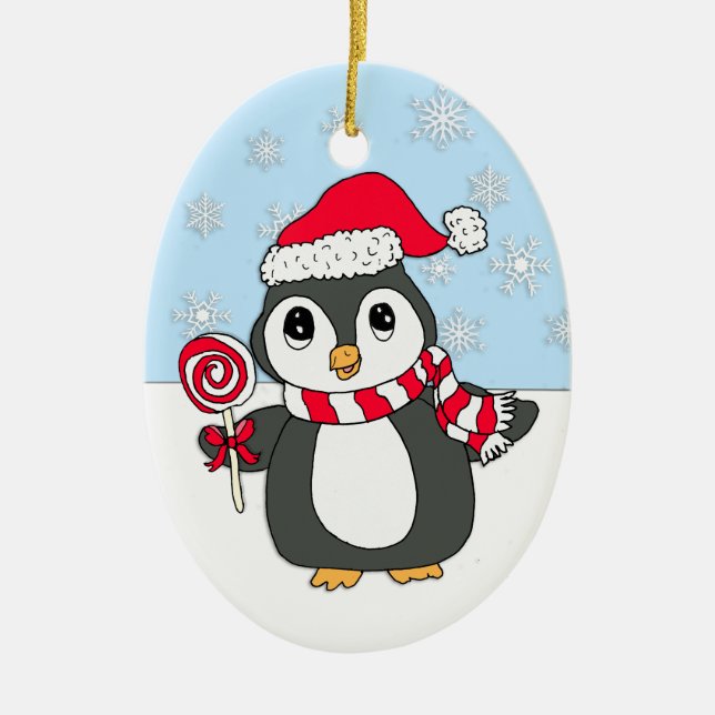 Cute Whimsical Penguin with Lollipop Personalized Ceramic Ornament (Front)