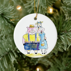Cute Whimsical Pig and Cow Ceramic Ornament