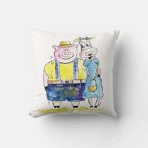 Cute Whimsical Pig and Cow Throw Pillow
