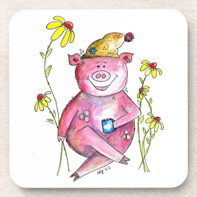 Cute Whimsical Pig Drinking Coffee Coaster (Front)