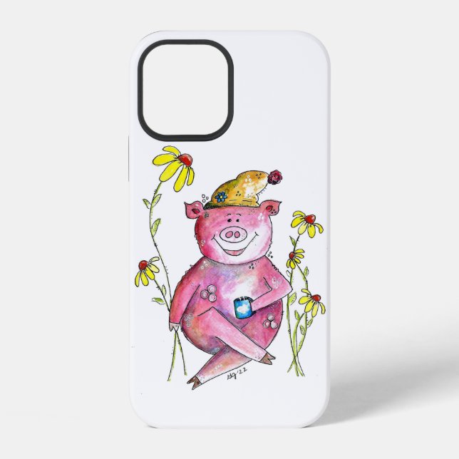 Cute Whimsical Pig Drinking Coffee iPhone Case (Back)