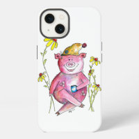 Cute Whimsical Pig Drinking Coffee