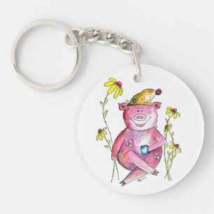 Cute Whimsical Pig Drinking Coffee Keychain