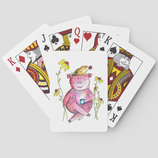 Cute Whimsical Pig Drinking Coffee Playing Cards (Back)
