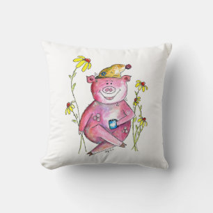 Cute Whimsical Pig Drinking Coffee Throw Pillow