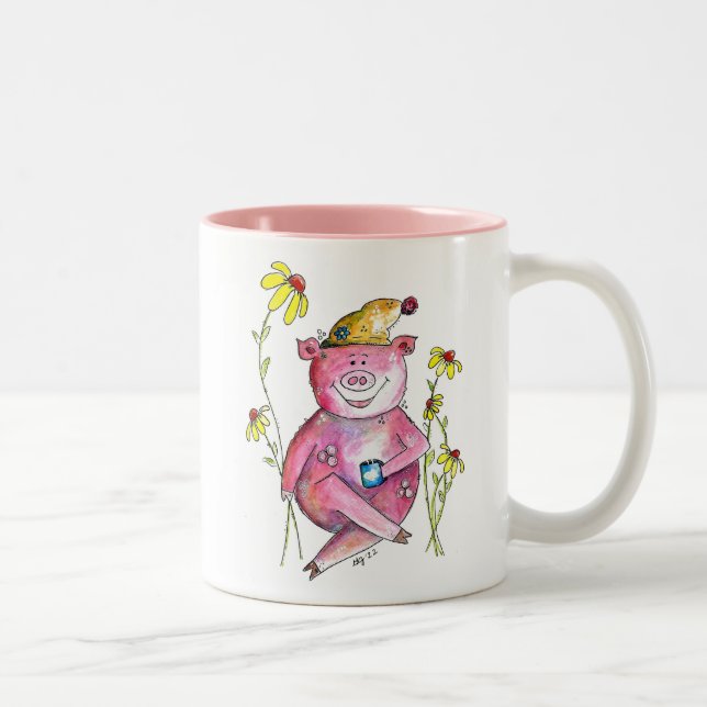 Cute Whimsical Pig Drinking Coffee Two-Tone Coffee Mug (Right)