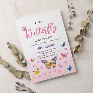 Cute Whimsical Pink Butterfly Girls Baby Shower Invitation
