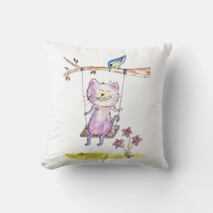 Cute Whimsical Pink Cat on Swing Throw Pillow