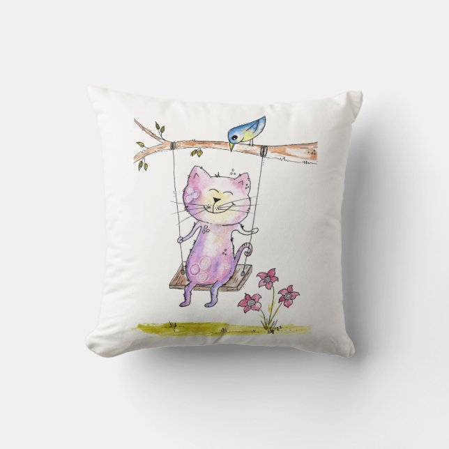 Cute Whimsical Pink Cat on Swing Throw Pillow (Front)