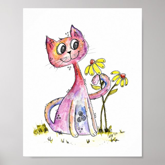 Cute Whimsical Pink Cat with Yellow Flowers Poster (Front)