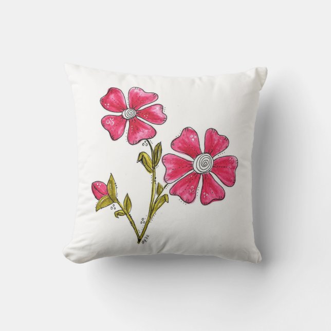Cute Whimsical Pink Flowers Throw Pillow (Front)