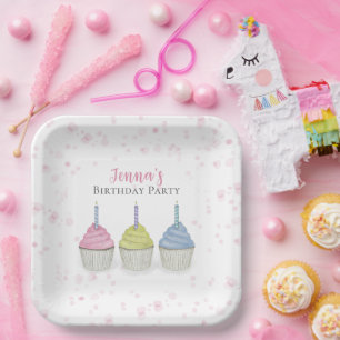 Cute Whimsical Pink Girly Watercolor Cupcakes Paper Plate