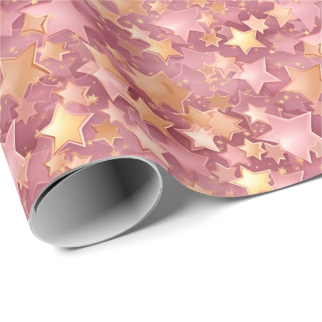 Cute Whimsical Pink & Gold Stars Elegant Pattern Wrapping Paper (Roll Corner)