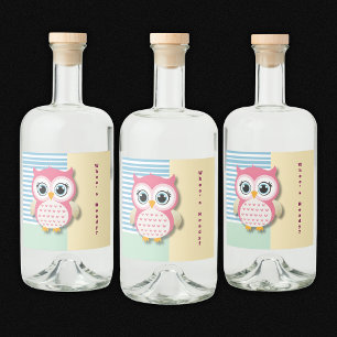 Cute Whimsical Pink Owl Baby Shower Liquor Bottle Label