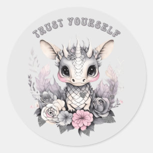 Cute Whimsical Pink "Trust Yourself" Little Dragon Classic Round Sticker