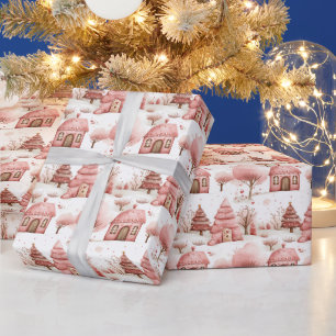 Cute Whimsical Pink Winter Wonderland Christmas Wrapping Paper
