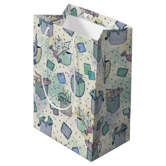Cute Whimsical Pocket Dragons in Green Fleece Blan Medium Gift Bag (Back Angled)