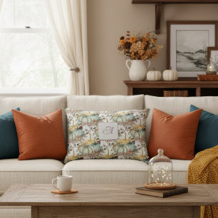 Cute Whimsical Pumpkins And Flowers Monogram Accent Pillow