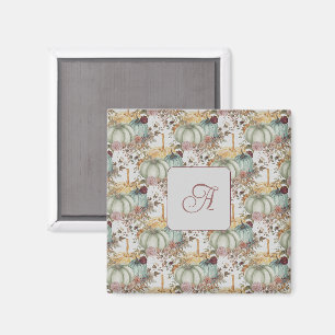 Cute Whimsical Pumpkins And Flowers Monogram Magnet