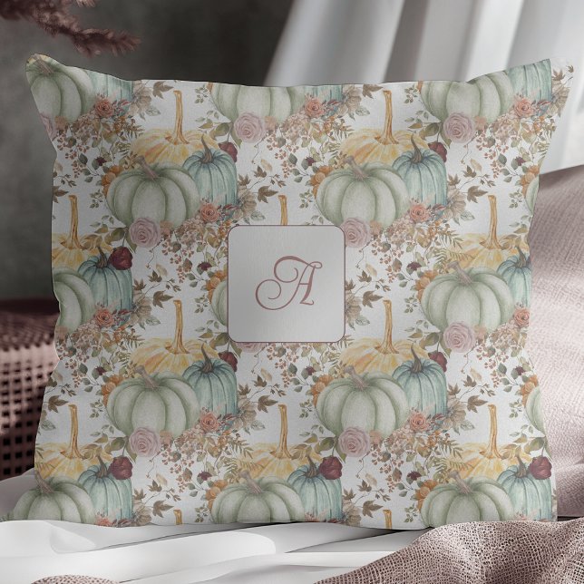 Cute Whimsical Pumpkins And Flowers Monogram Throw Pillow (Creator Uploaded)