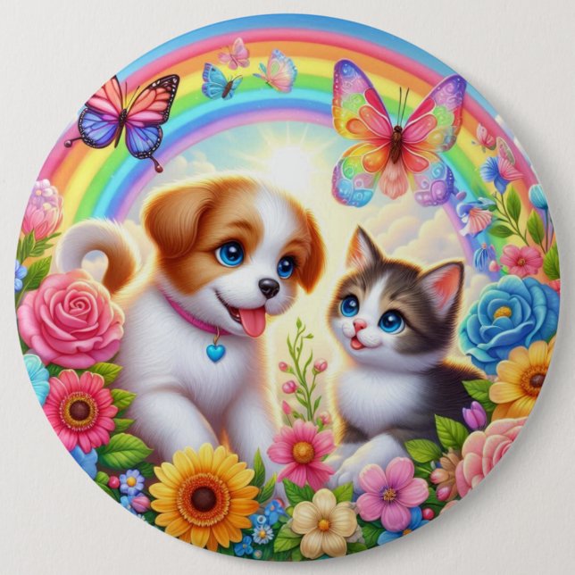 Cute/whimsical puppy/kitten rainbow 6 inch round button (Front)