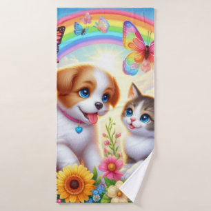 Cute/whimsical puppy/kitten rainbow bath towel