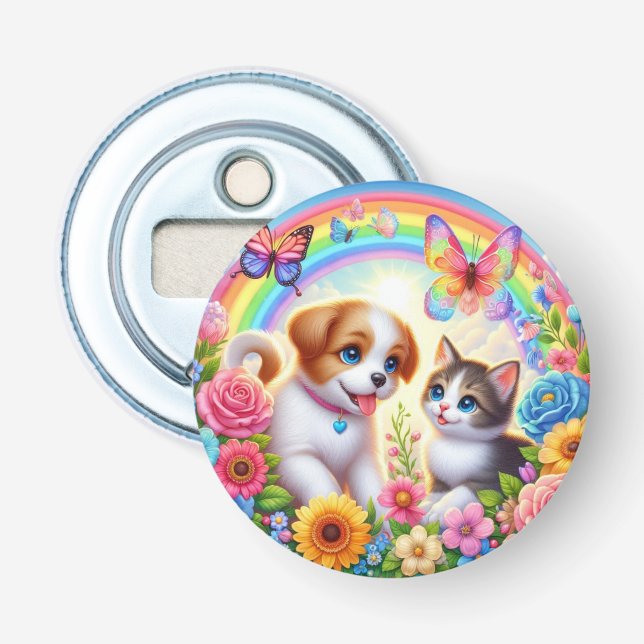 Cute/whimsical puppy/kitten rainbow bottle opener (Front)