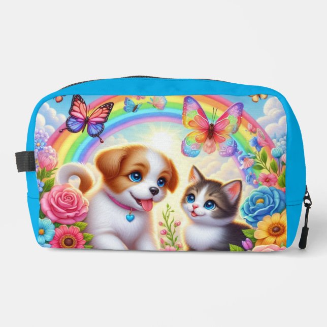 Cute/whimsical puppy/kitten rainbow dopp kit (Front)