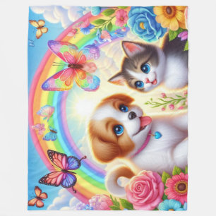 Cute/whimsical puppy/kitten rainbow fleece blanket